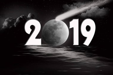kuyruklu yıldız ve ay yansıma yeni yıl 2019 için siyah su