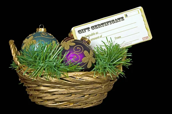 Christmas Ornaments Gift Certificate Gold Basket Green Garland Isolated Black — Stock Photo, Image