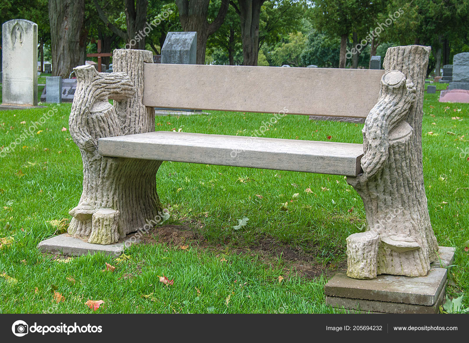 Vacant Stone Bench Cemetery Grass Stock Photo C Jentara 205694232