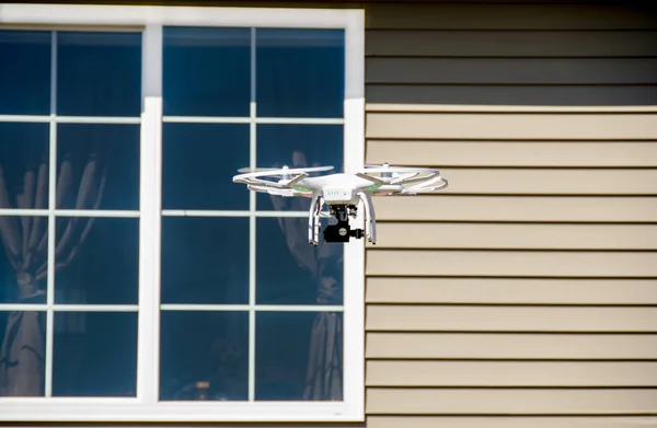 White Drone Camera Hovering House Window — Stock Photo, Image