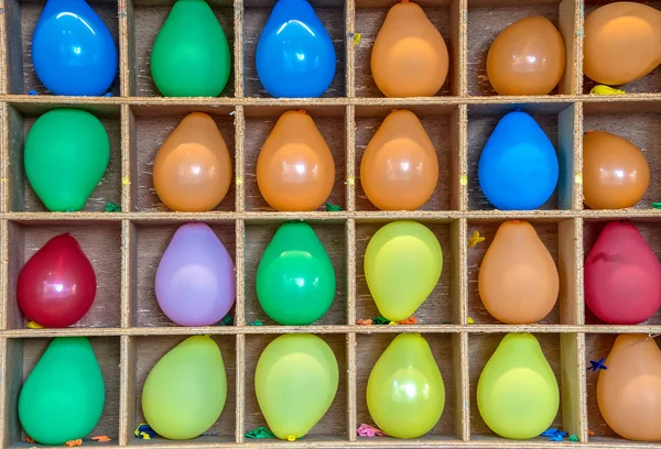 Colorful Inflated Balloons Wooden Box Frame Carnival Game — Stock Photo, Image