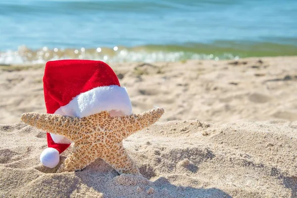 Christmas Hat Starfish Beach Sand Ocean Water Background — Stock Photo, Image