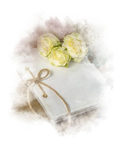 白色玫瑰在婚礼杂志与抽象框架 — 图库照片