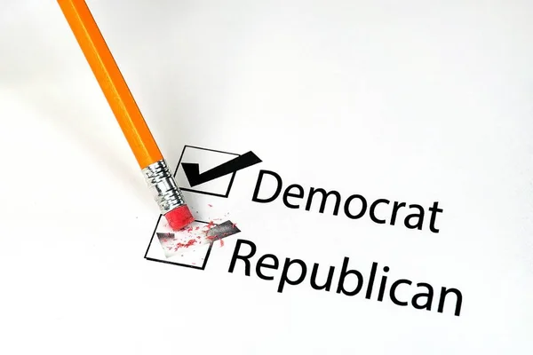 Close Yellow Pencil Erasing Voting Choice Election Ballot Republican Democrat — Stock Photo, Image