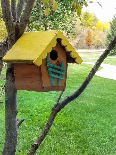 Zbliżenie Drewniane Birdhouse Żółtym Dachu Zwisające Gałęzi Drzewa — Zdjęcie stockowe