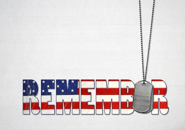 Word Remember Flag Design Military Dog Tags Gray Wood Background — Stock Photo, Image