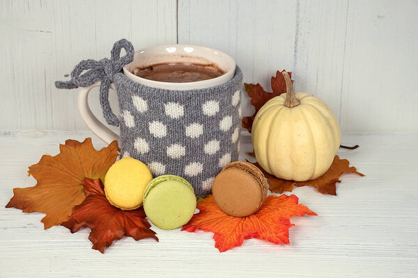 hot chocolate drink in mug with gray polka dot sweater and macaroons on autumn leaves and whitewashed wood