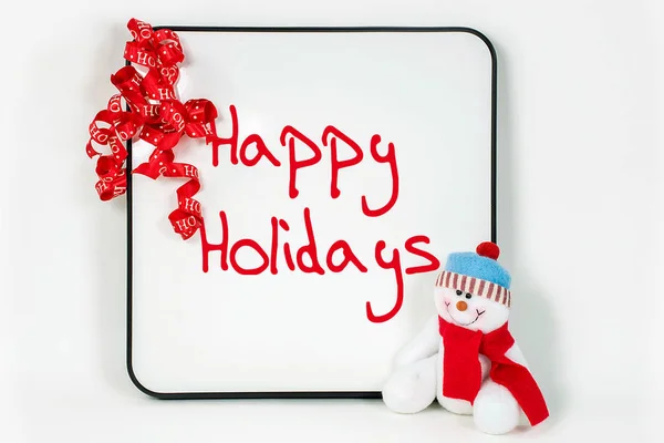 Happy Holidays Sign White Dry Erase Board Red Ribbon Snowman — Stock Photo, Image