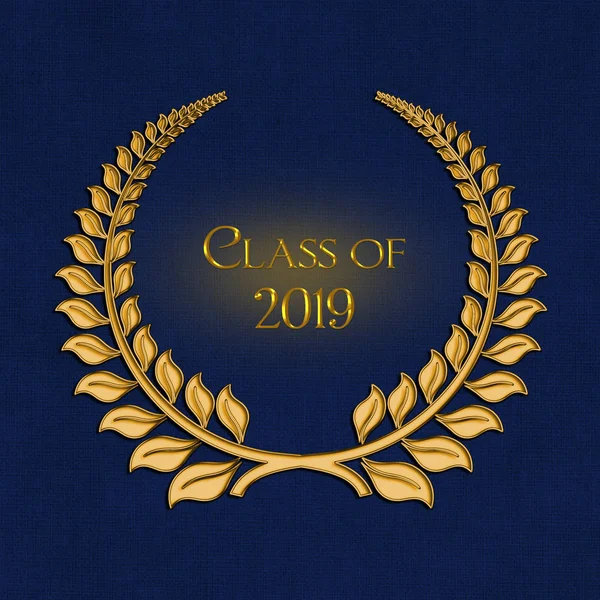 Verziertes Goldenes Lorbeersymbol Auf Dunkelblauem Hintergrund Für Die Graduierung 2019 — Stockfoto