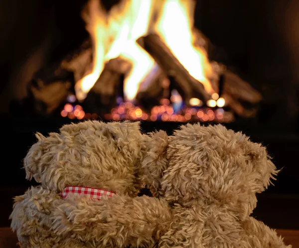 Pair Brown Teddy Bears Front Burning Logs Fireplace — Stock Photo, Image