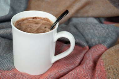 siyah kaşık ve yumuşak battaniye ile beyaz kupa sıcak kakao içki kapat