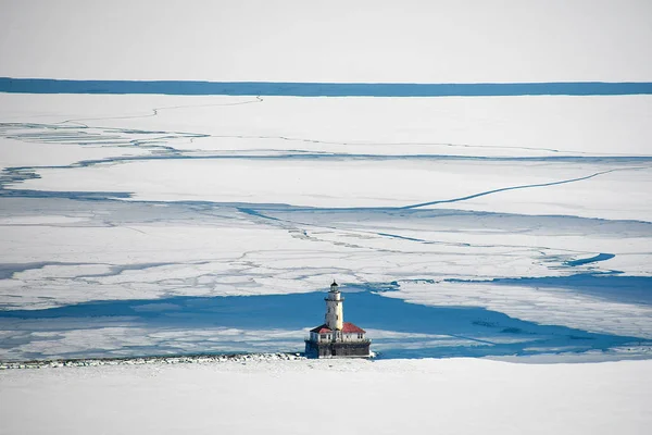 Aerial View Chicago Lighthouse Lake Michigan Ice Snow — Stock Photo, Image