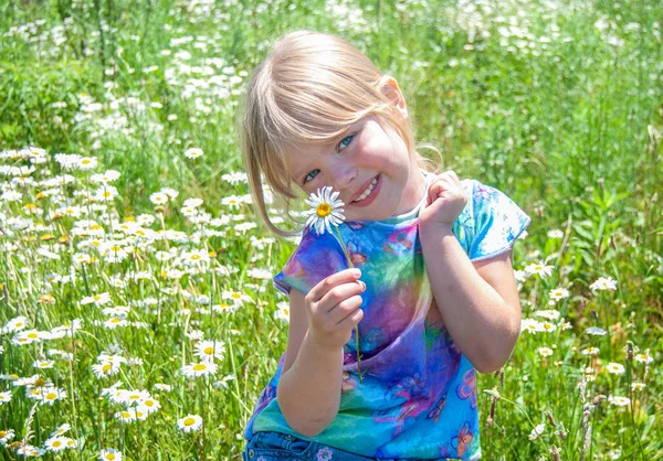 野生のデイジー牧草地で笑顔ブロンド白人の若い女の子 — ストック写真