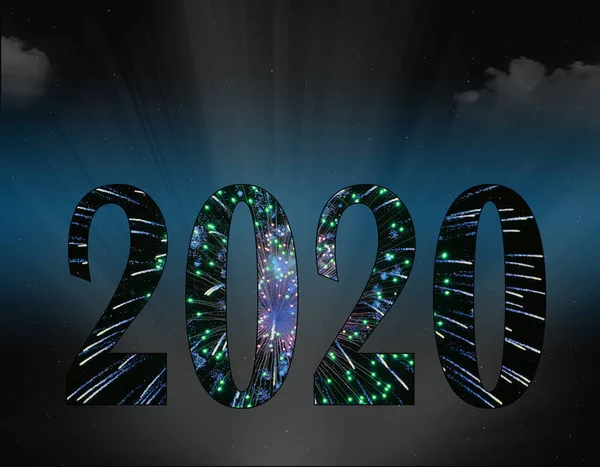 Nuovo Anno 2020 Testo Fuochi Artificio Nel Cielo Notturno — Foto Stock