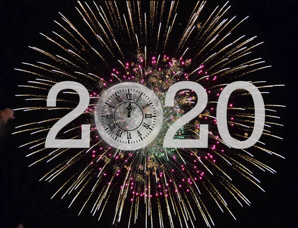 New Year 2020 Clock Midnight Time Full Moon Fireworks Display — Stock Photo, Image