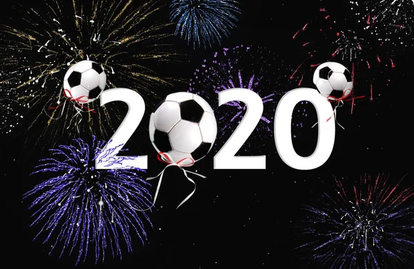 Soccer Ball Balloons Fireworks Black Sky New Years 2020 Celebration — Stock Photo, Image