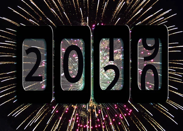 New Year 2020 Odometer Sign Fireworks Background — Stock Photo, Image