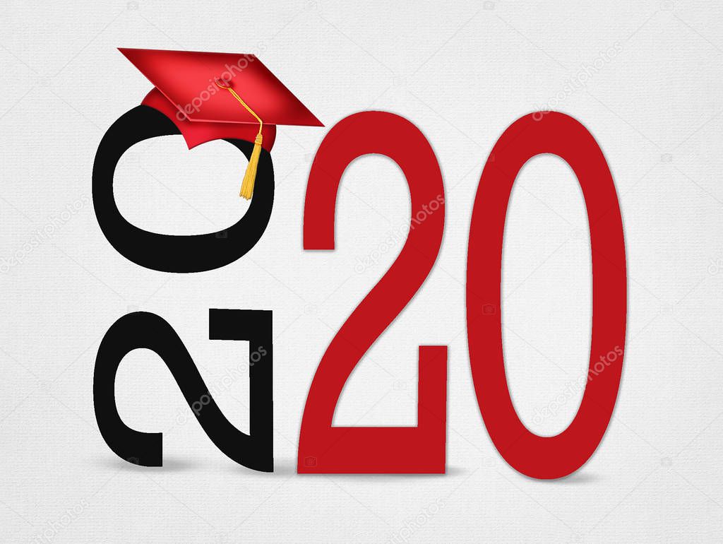 red graduation cap with gold tassel on 2020 text on white background
