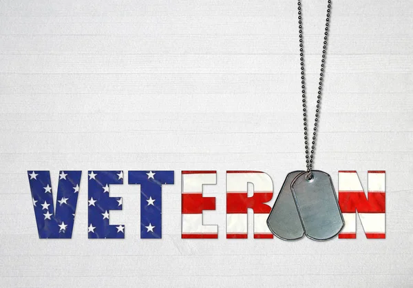 Military Dog Tags American Flag Text Textured Wood Background — ストック写真