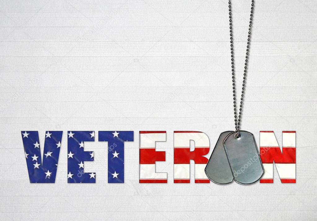 military dog tags with American flag text on textured wood background