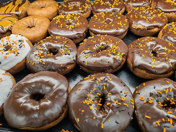 Close Halloween Sprinkles Chocolate Donuts — Stock Photo, Image