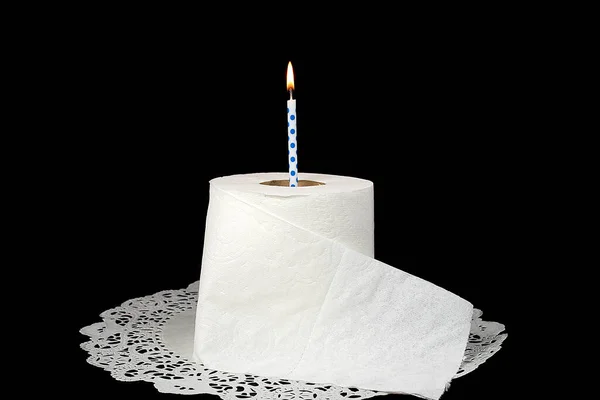 Vela Aniversário Rolo Papel Higiênico Branco Papel Renda Guardanapo Isolado — Fotografia de Stock