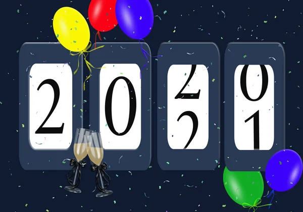 Silvester 2021 Kilometerzähler Und Champagner Toast Mit Bunten Luftballons Und — Stockfoto