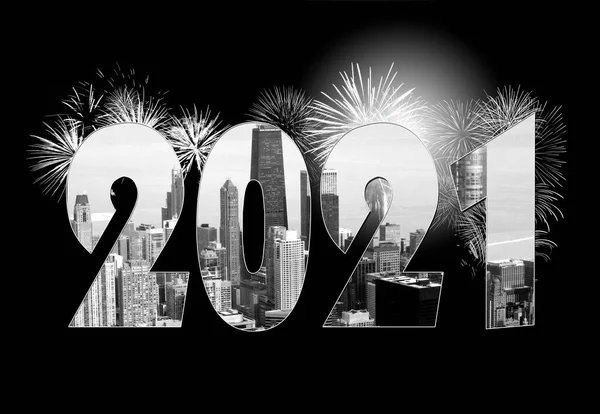 Nyår 2021 Text Och Chicago Skyline Foto Med Fyrverkerier Svart — Stockfoto