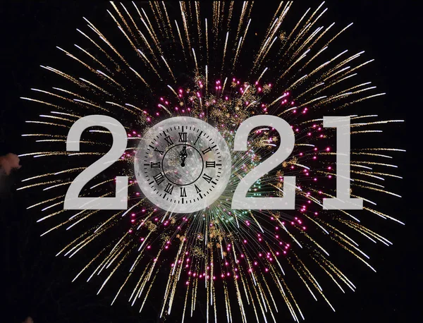 Full Moon Clock Showing Midnight Time New Year 2021 Fireworks — Stock Photo, Image