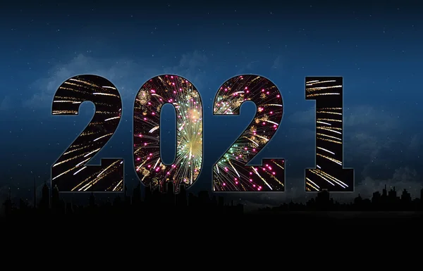 Nuovo Anno 2021 Testo Fuochi Artificio Sfondo Sfumato Nero Blu — Foto Stock