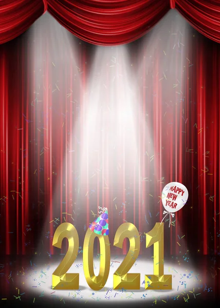 New Year 2021 Gold Text Stage Confetti White Spotlight Red — Stock Photo, Image