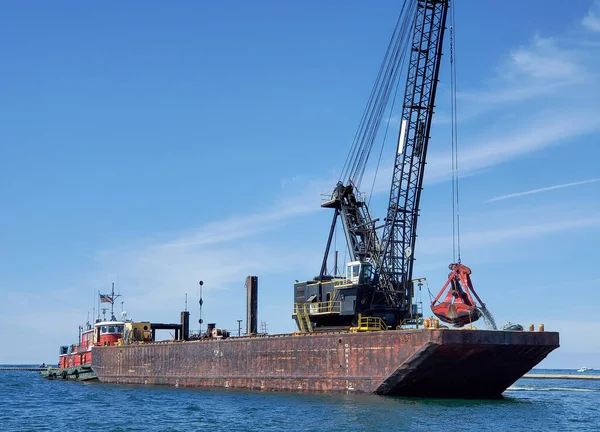 Derrick Barge Lake Michigan Harbor Dredging Channel Stock Image