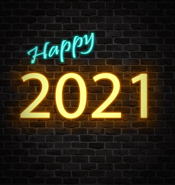 Glowing New Year 2021 Neon Sign Dark Brick Wall — Stock Photo, Image