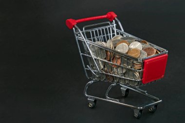 Siyah üzerine izole edilmiş alışveriş arabasındaki bozuk paraların çeşitleri