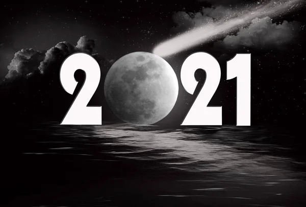 Nyår 2021 Fullmåne Med Komet Och Stjärnor Svart Vatten Reflektion — Stockfoto