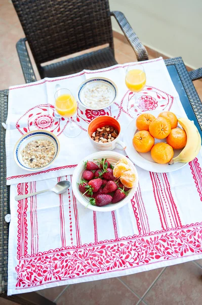 Breakfast Table Juice Cereal Fruits Sun Good Food Proper Breakfast — Stock Photo, Image
