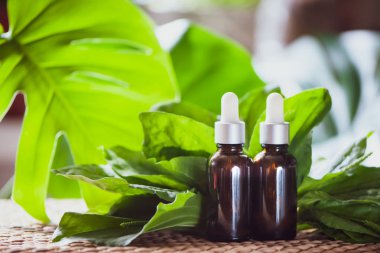 Muz yaprakları tarafından çevrili muz petrol şişe. Homeopatik ve bitkisel tıp.