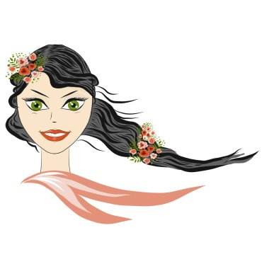 Bahar güzel kız portre. Kız bahar, yaz, çiçekli, sevinç sembolize ediyor. Kartpostal 8 Mart Dünya Kadınlar günü.