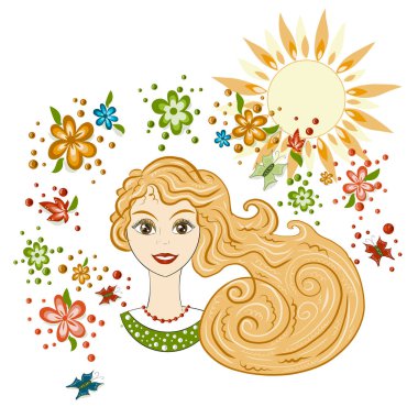 Vektör, bir güzel kız, yaz tema, bahar portresi. Çiçekler ve güneş, kartpostal, el ilanı bahar ve yaz Tema