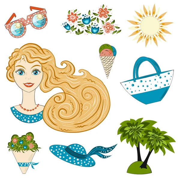 Vektör, büyük yaz yaz tema öğeleri kümesini, güzel bir kız, şapka ve çiçekler, palmiye ve güneş portre
