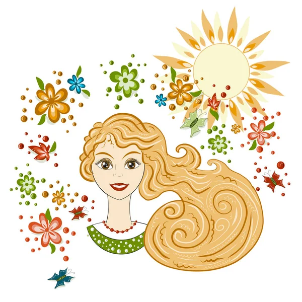 Vektör, bir güzel kız, yaz tema, bahar portresi. Çiçekler ve güneş, kartpostal, el ilanı bahar ve yaz Tema