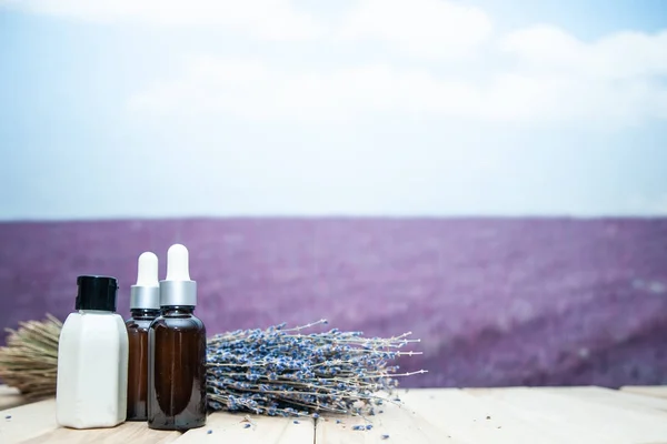 Мockup,   Serum oil and cream of lavender, a stylish set on the — Stock Photo, Image