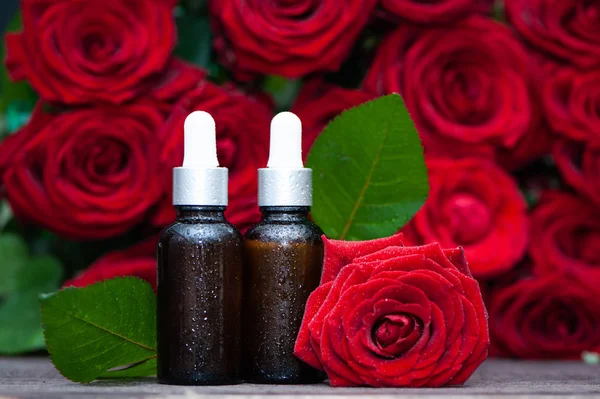 Gül yağı, şişeleri ve taze çiçek ve yaprakları doğal bir b