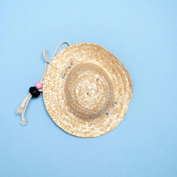 Hat gardener, beekeeper, straw haton a blue background. Minimali