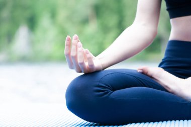 Lotus poz, Padmasana yakın çekim, tex için alan ile yoga elemanları