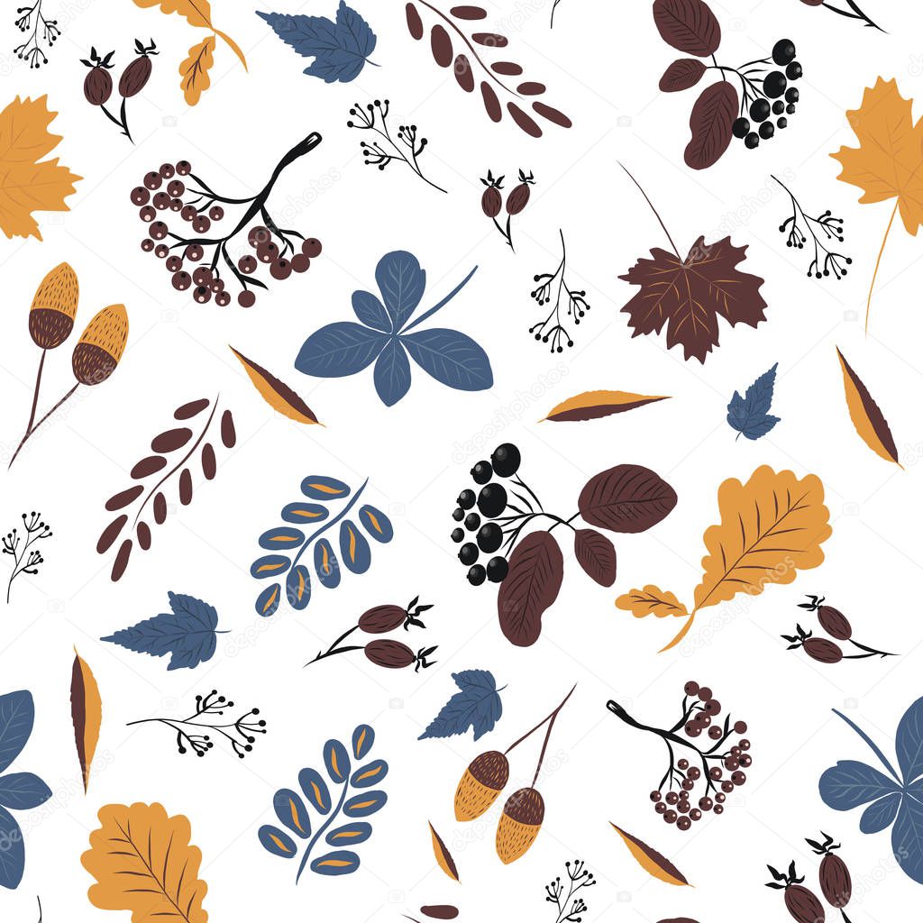 Vector, seamless pattern with autumn colorful leaves and hand-dr