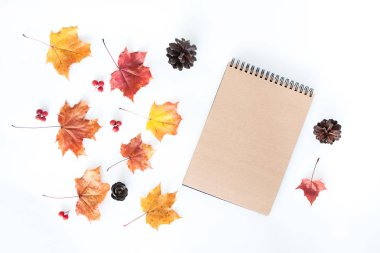 Boş defter ve sonbahar yapraklarıyla sonbahar kompozisyonu