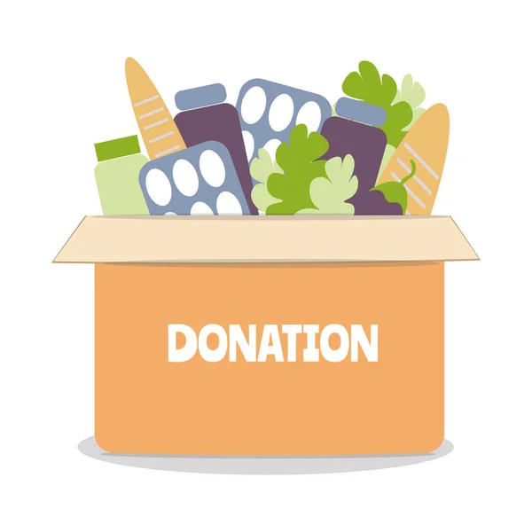 Donation Food Box Flat Vector Illustration Charity Fostering Social Help — Stock Vector