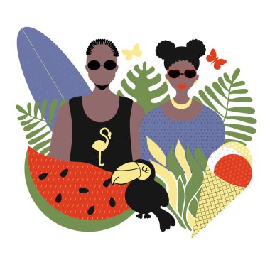 Bir çift şık insan, Afro-Amerikalı erkek ve kadın, yazın moda olan portreler - karpuz, dondurma, tukan ve bitkiler. Vektör düz çizim, yaz zamanı