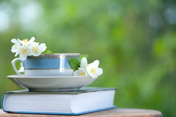 Beautiful Summer Composition Cup Tea Book Jasmine Flowers Natural Green — Stock Photo, Image